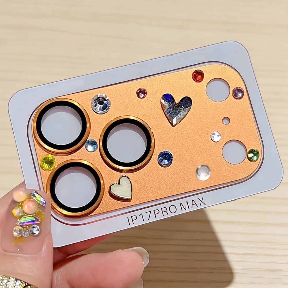 NNBILI Fashion Handmade Sticker Rhinestone Camera Protector For IPhone 17 Pro Max Clear Scratch-proof Lens Glass Tempered Film
