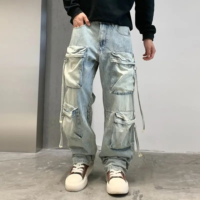 New Denim Trousers Fashion Men's Washed Light Blue Multi Pocket Casual