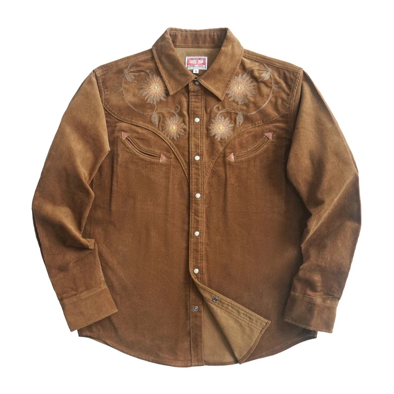 Men's Shirts Spring and Autumn Long Sleeve Corduroy Shirt Vintage Embroidery Loose Fit