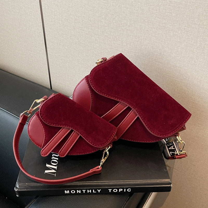 Suede Splice PU Design Saddle Hand Bag Wide Strape Versatile Women Shoulder Bag