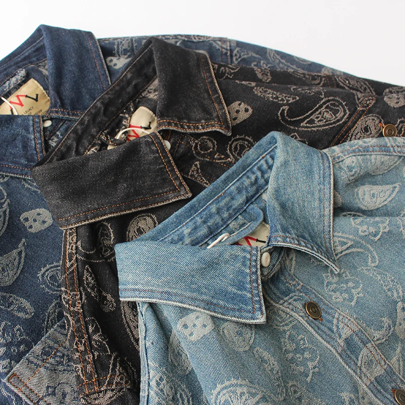 New American Retro Long-Sleeve Lapel Embroidery and splicing Denim Shirt Men's