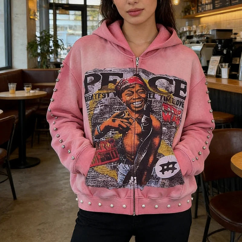 Autumn Winter Bead Decoration Hip Hop Streetwear Y2K Vintage Abstract Aesthetic Zipper Loose Hoodie