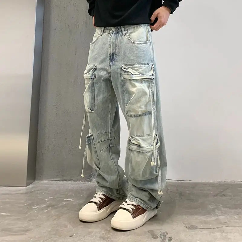 New Denim Trousers Fashion Men's Washed Light Blue Multi Pocket Casual