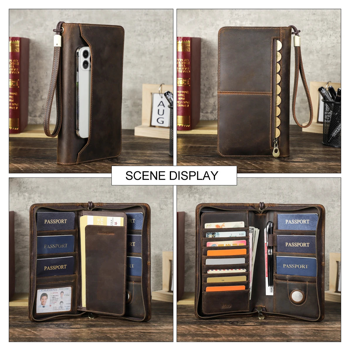 CONTACT'S Genuine Leather Family Passport Clutch Wallets Passport Cover Travel Handbags, 6 Passport Slots.
