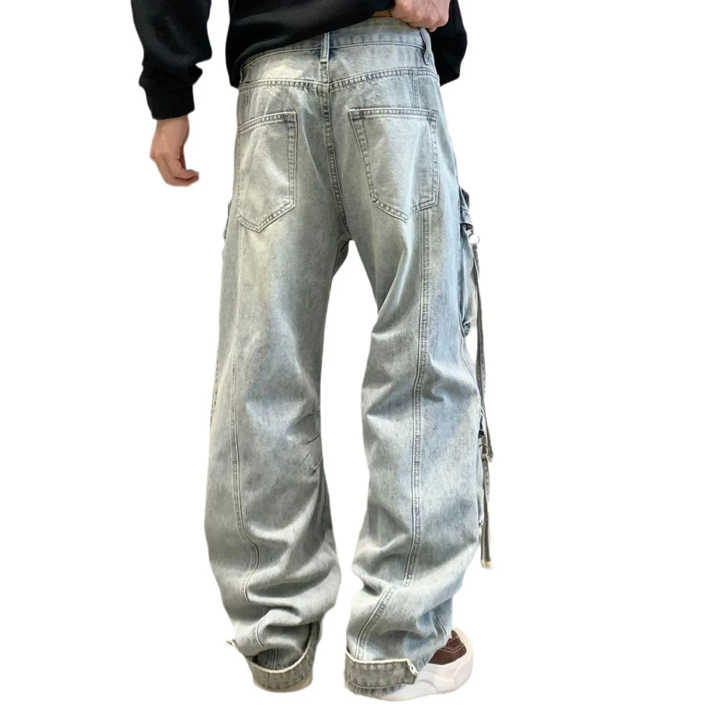 New Denim Trousers Fashion Men's Washed Light Blue Multi Pocket Casual