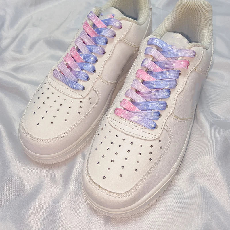 Stars Moon Shoelaces for Sneakers AF1 Gradient Classic Flat Shoelaces Rainbow Shoe Laces with Stars Cosmic Milky Print Strings