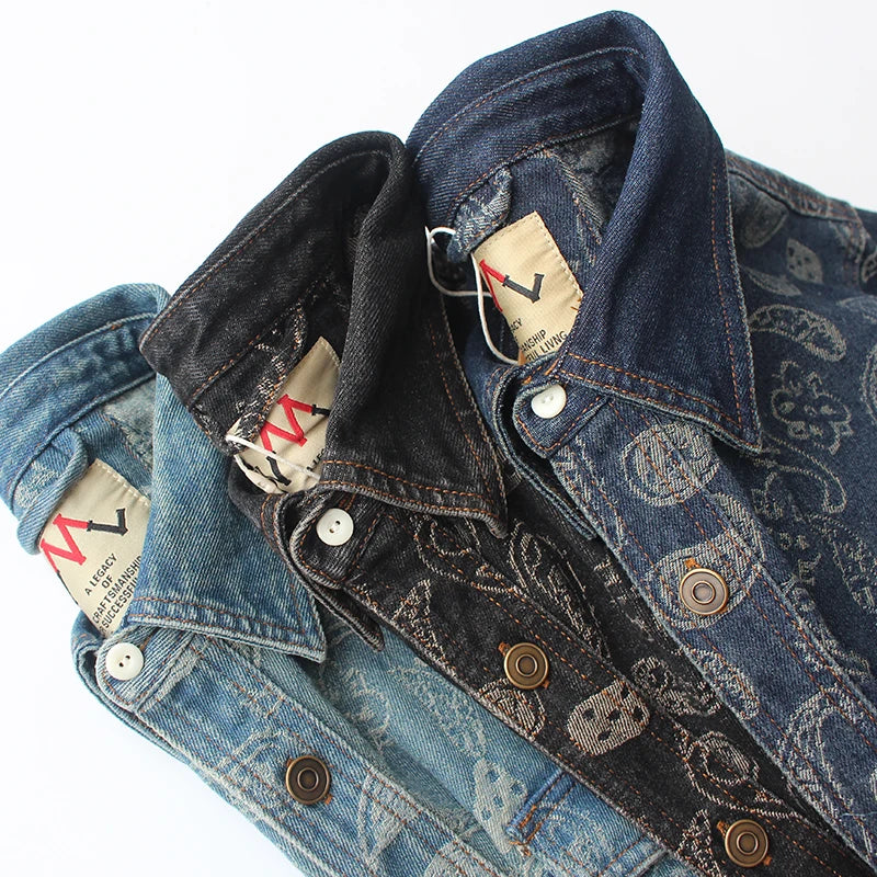 New American Retro Long-Sleeve Lapel Embroidery and splicing Denim Shirt Men's