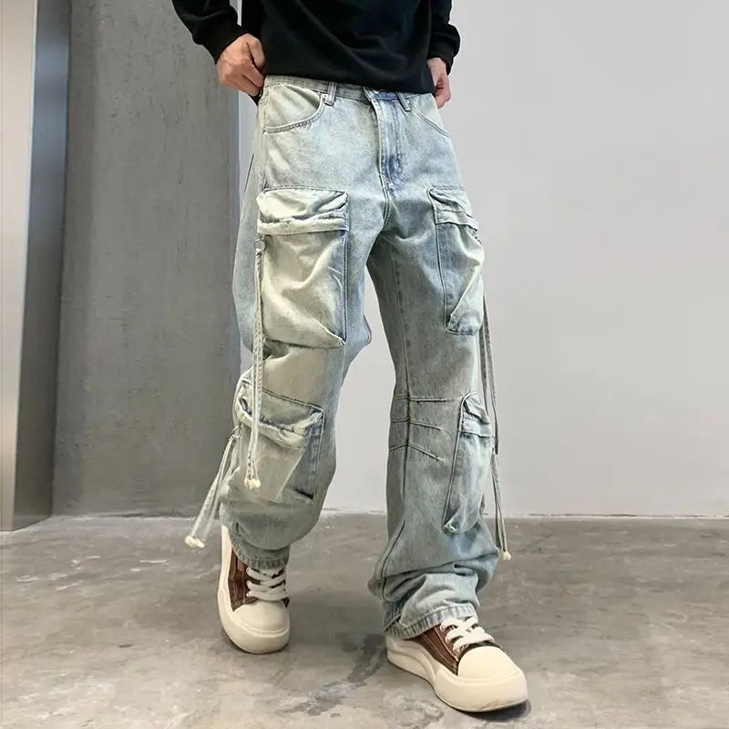New Denim Trousers Fashion Men's Washed Light Blue Multi Pocket Casual