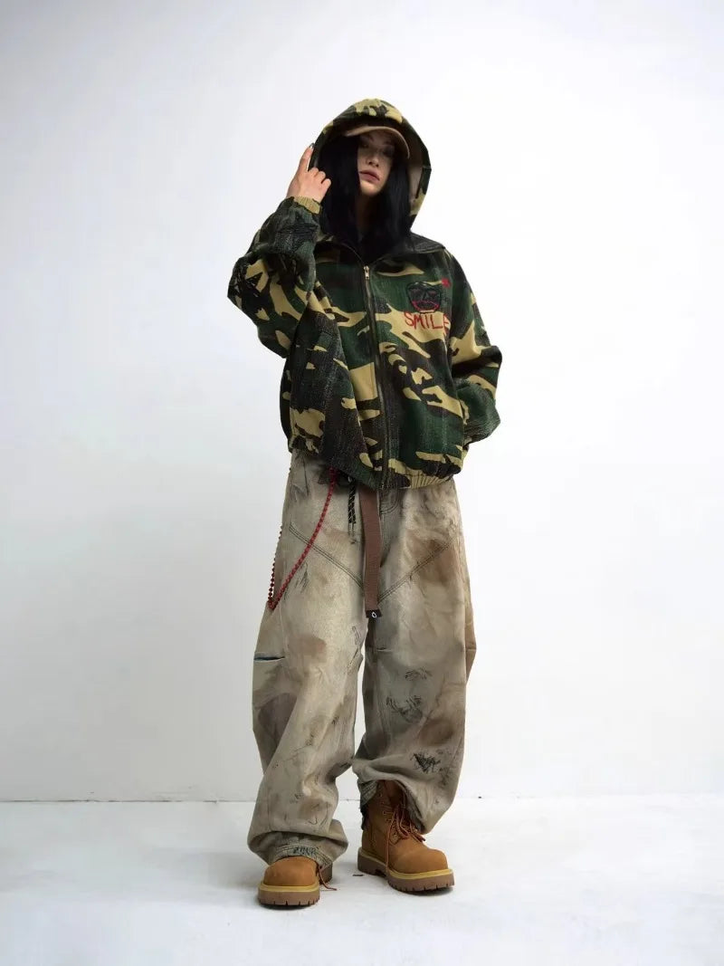 American wash do old design heavy punk hip Hop men jeans 2026 new fashion retro personality high waist jeans couple loose pants