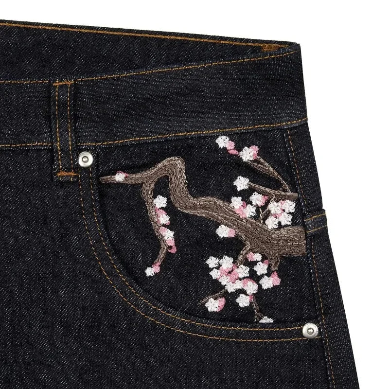 New Sakura Carp Embroidered Jeans Y2k Harajuku Retro Men and Women