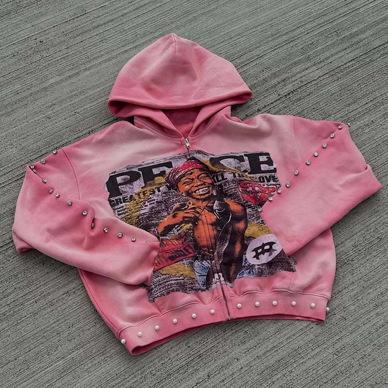 Autumn Winter Bead Decoration Hip Hop Streetwear Y2K Vintage Abstract Aesthetic Zipper Loose Hoodie