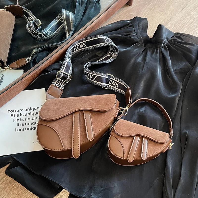 Suede Splice PU Design Saddle Hand Bag Wide Strape Versatile Women Shoulder Bag
