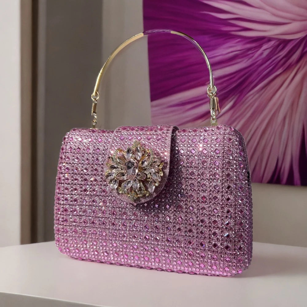 Sparkling Rhinestone Clutch Bag Lady Crystal Evening Purse Luxury Metal Handle Chain