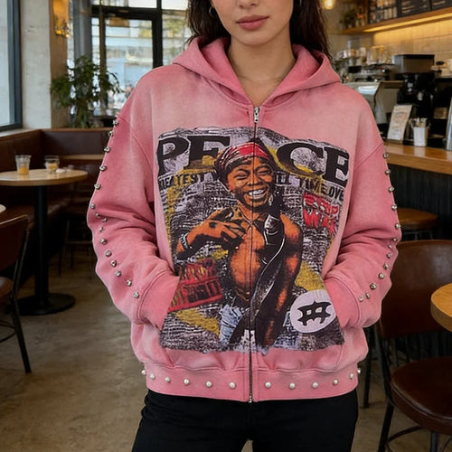 Aesthetic Bead Decoration Hip Hop Harajuku Streetwear Y2K Vintage Autumn Winter Abstract Personalized Print Zipper Loose Hoodie