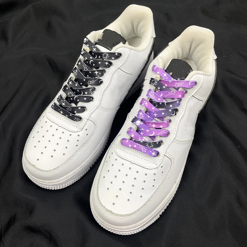 Stars Moon Shoelaces for Sneakers AF1 Gradient Classic Flat Shoelaces Rainbow Shoe Laces with Stars Cosmic Milky Print Strings