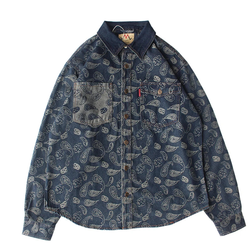 New American Retro Long-Sleeve Lapel Embroidery and splicing Denim Shirt Men's